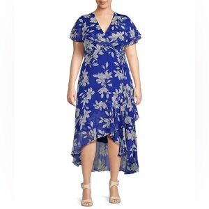 Calvin Klein Royal Blue Floral High Lo Dress with Flutter Sleeves
